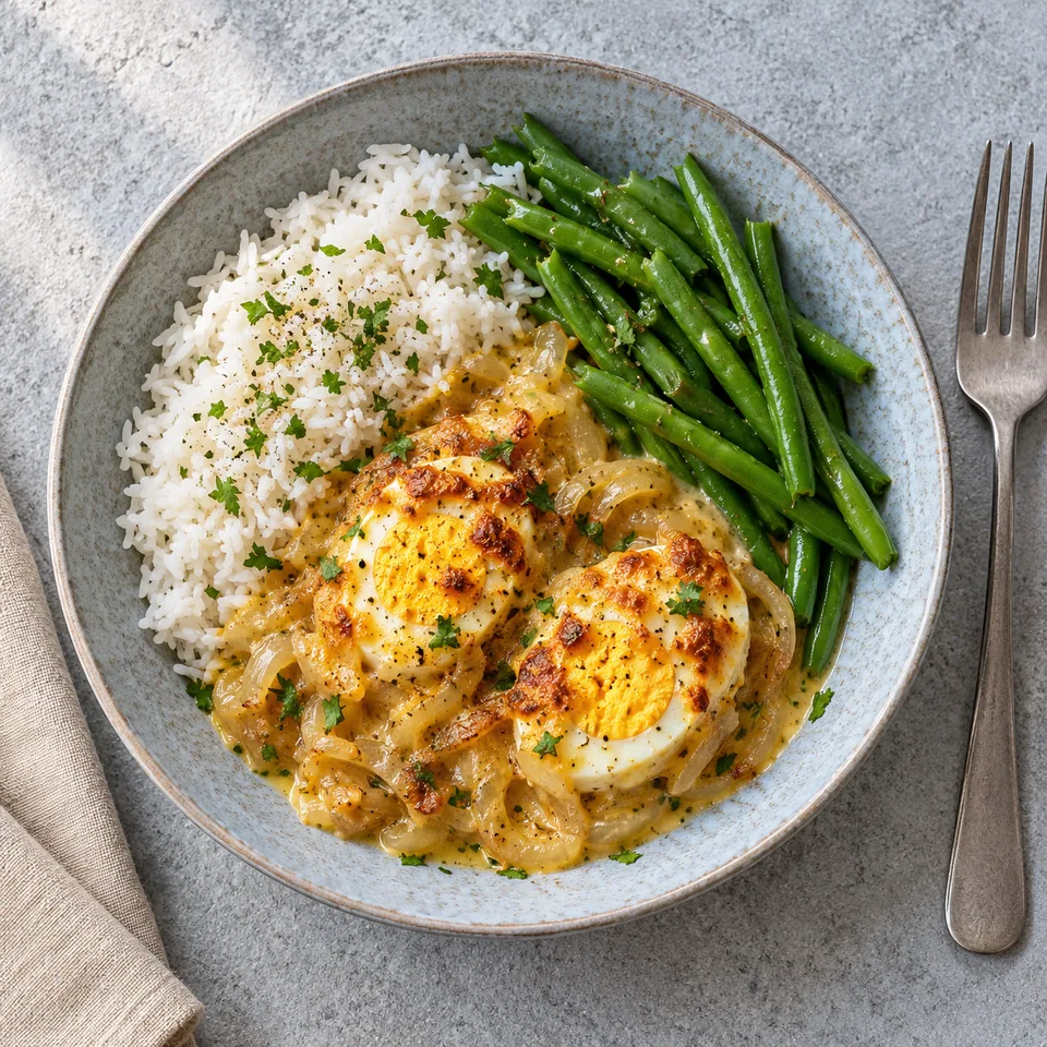 Œufs à la tripe : œufs durs nappés de sauce gratinée dorée, servis sur riz et haricots verts verts vifs dans une assiette creuse bleu-gris.