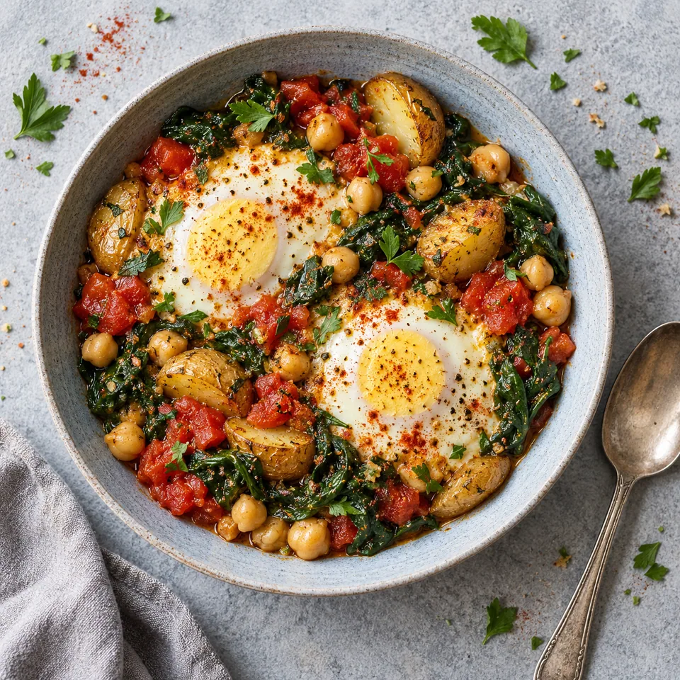 Œufs au four sur épinards et tomates : œufs bien cuits sur légumes rôtis dans une assiette bleue.