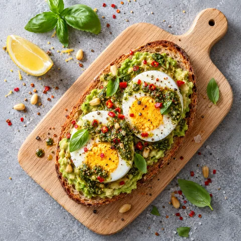 Œufs au pesto sur toast et avocat