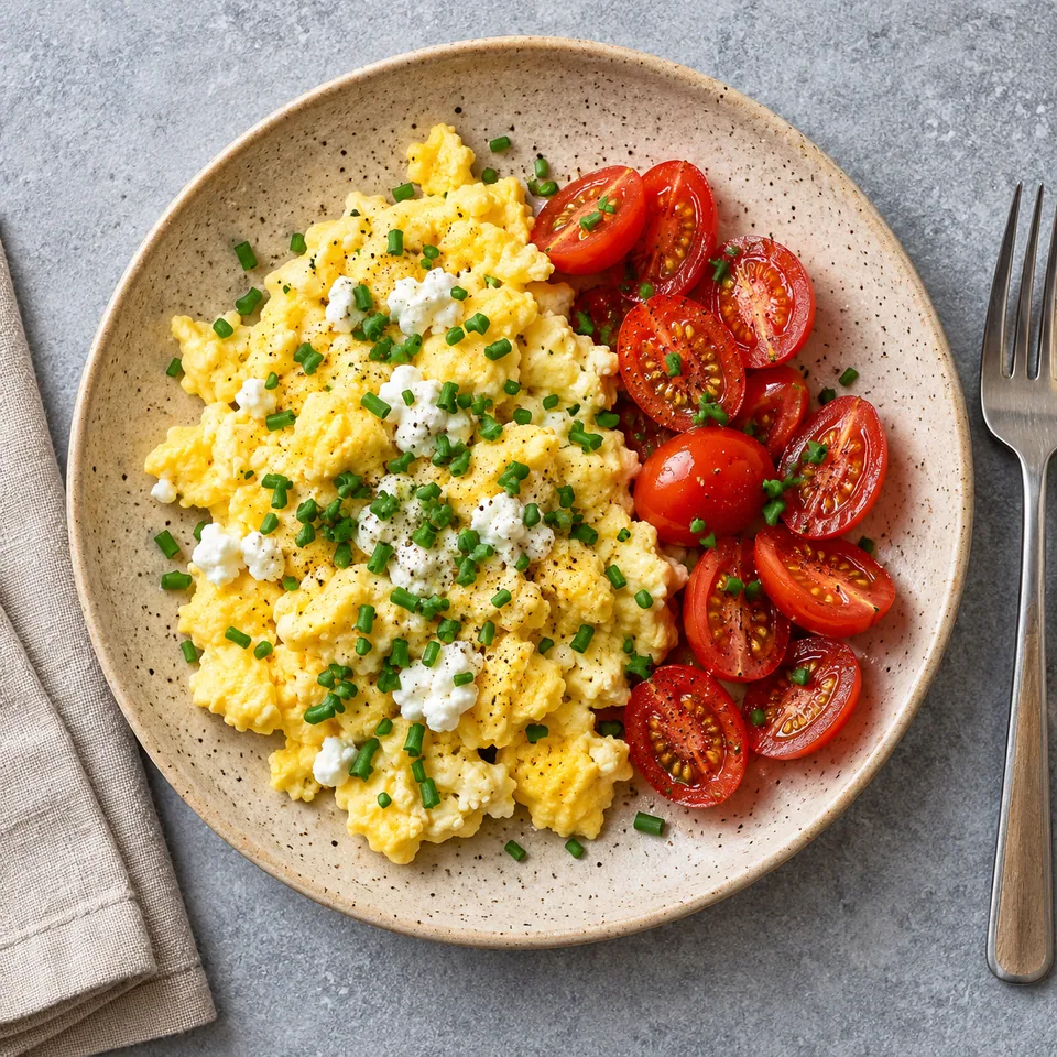 Œufs brouillés au micro-ondes, cottage et ciboulette : œufs crémeux verts et tomates cerises rouges sur assiette beige.