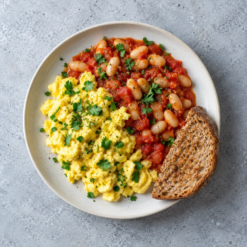 Œufs brouillés jaunes avec haricots blancs dans une sauce tomate, herbes vertes ciselées et tranche de pain complet grillé.