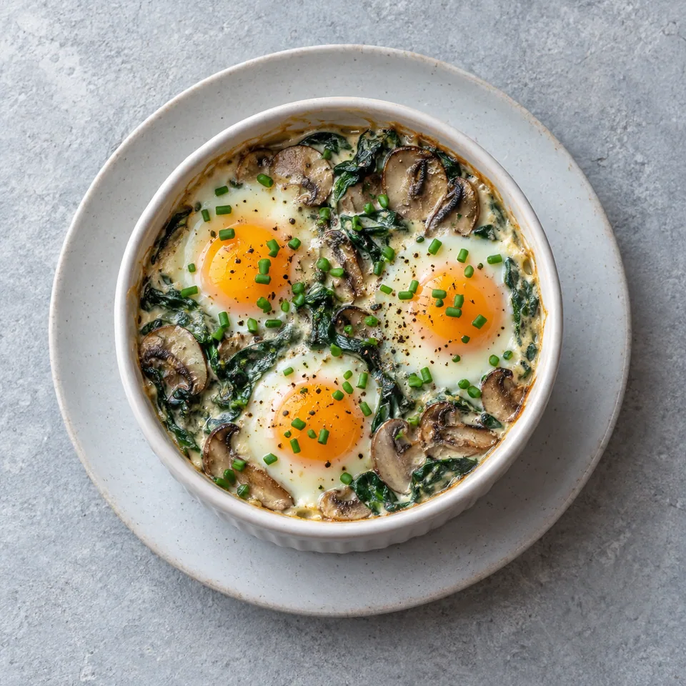 Œufs cocotte aux champignons et épinards : un ramequin avec trois œufs sur champignons et épinards, garni de ciboulette.