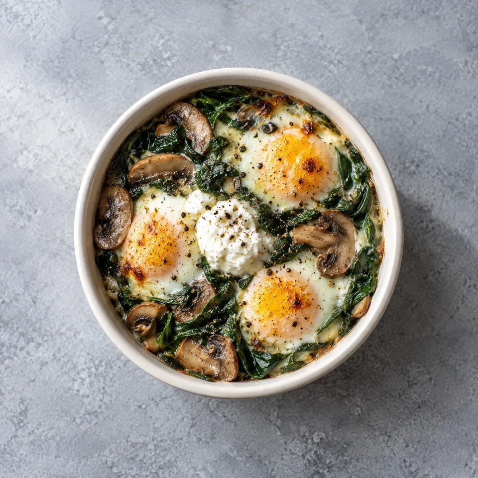 Œufs cocotte aux épinards et champignons : ramequin garni de légumes fondants, fromage blanc et trois œufs cuits.