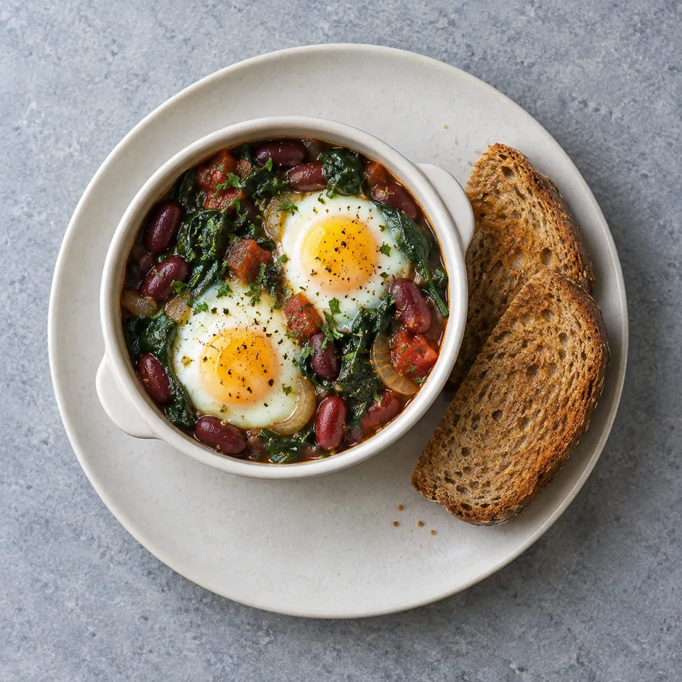 Œufs cocotte aux épinards et haricots rouges : ramequin avec deux œufs cuits, légumes et haricots, accompagné de pain grillé.
