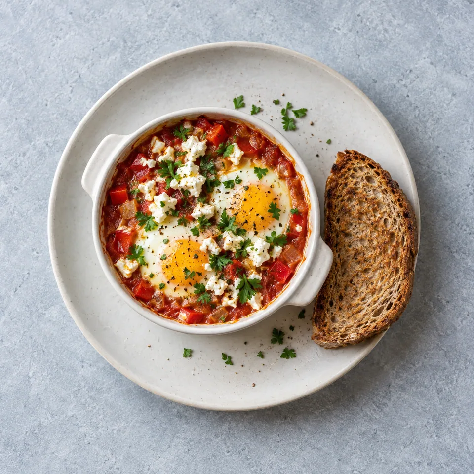 Œufs cocotte aux tomates et feta dans un ramequin, avec deux œufs, feta, persil et pain complet grillé.