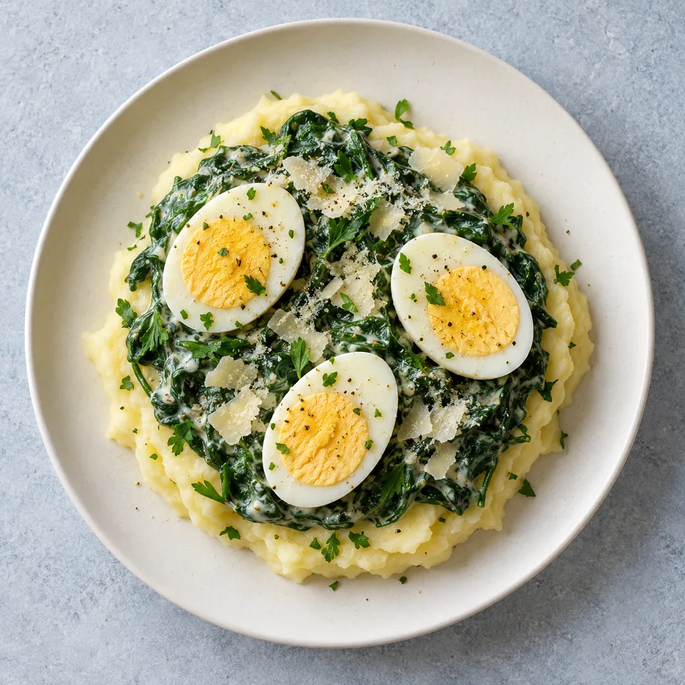 Œufs durs à la florentine : purée de pommes de terre, épinards crémeux au fromage et trois demi-œufs durs sur assiette blanche.
