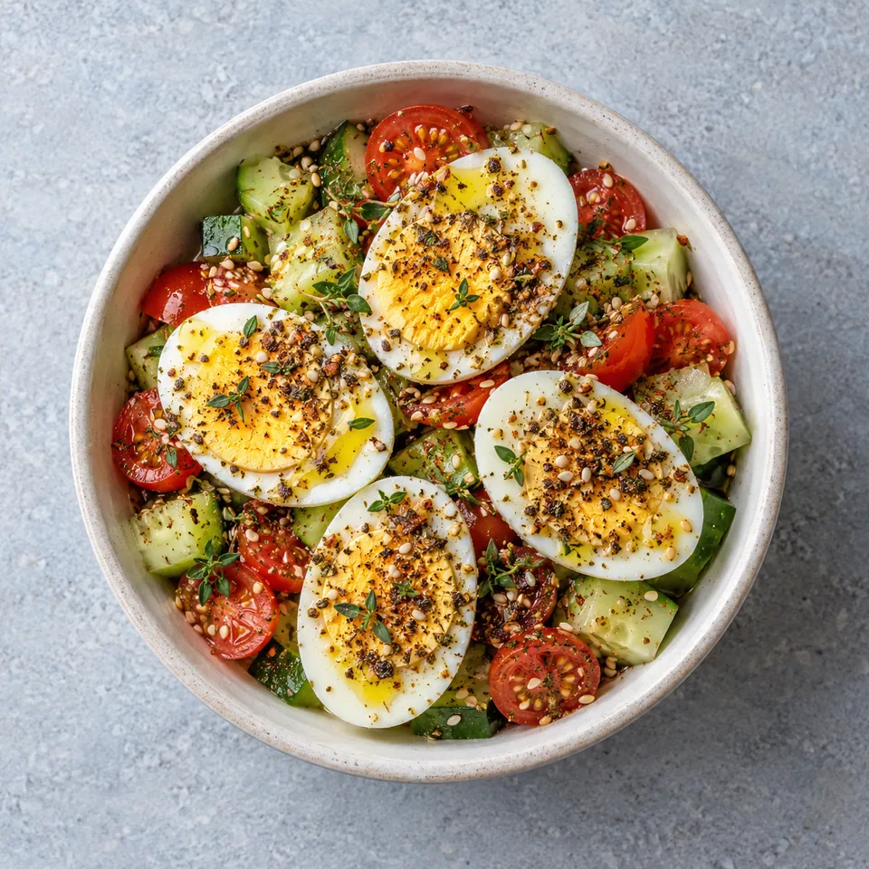 Œufs durs au zaatar et crudités dans un bol blanc : œufs coupés, tomates rouges, concombre vert, saupoudré d'épices et d'huile d'olive.