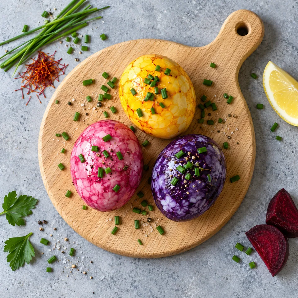 Trois œufs durs colorés naturellement (jaune, rose, violet) sur une planche en bois, garnis de ciboulette fraîche.