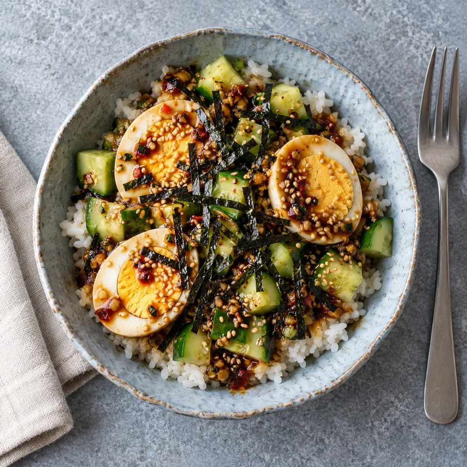 Œufs durs marinés soja-ail-piment, riz et nori : bol de riz avec œufs coupés, concombre, nori et sésame.
