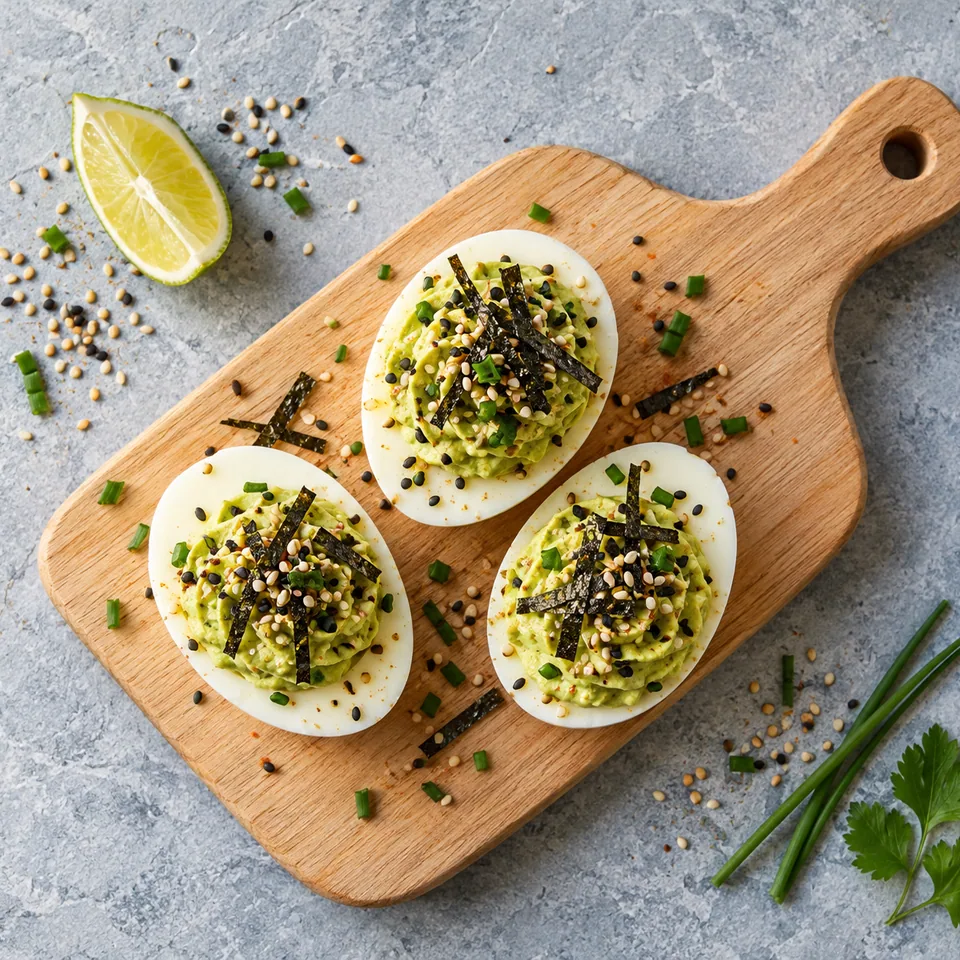Trois demi-œufs farcis au wasabi sur une planche en bois, garnis de sésame et nori.