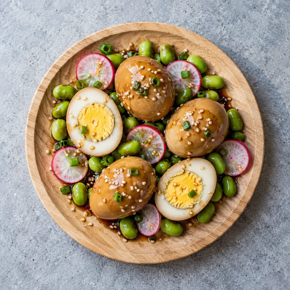 Œufs mayak marinés au soja servis sur planche en bois avec fèves de soja, radis et sésame