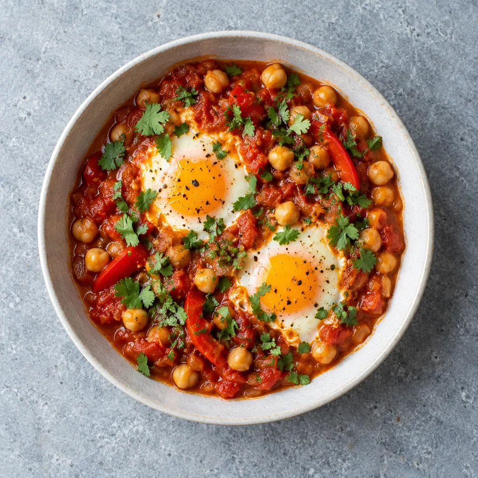 Œufs mijotés aux tomates et pois chiches : deux œufs dans une sauce rouge avec pois chiches, poivron et coriandre.