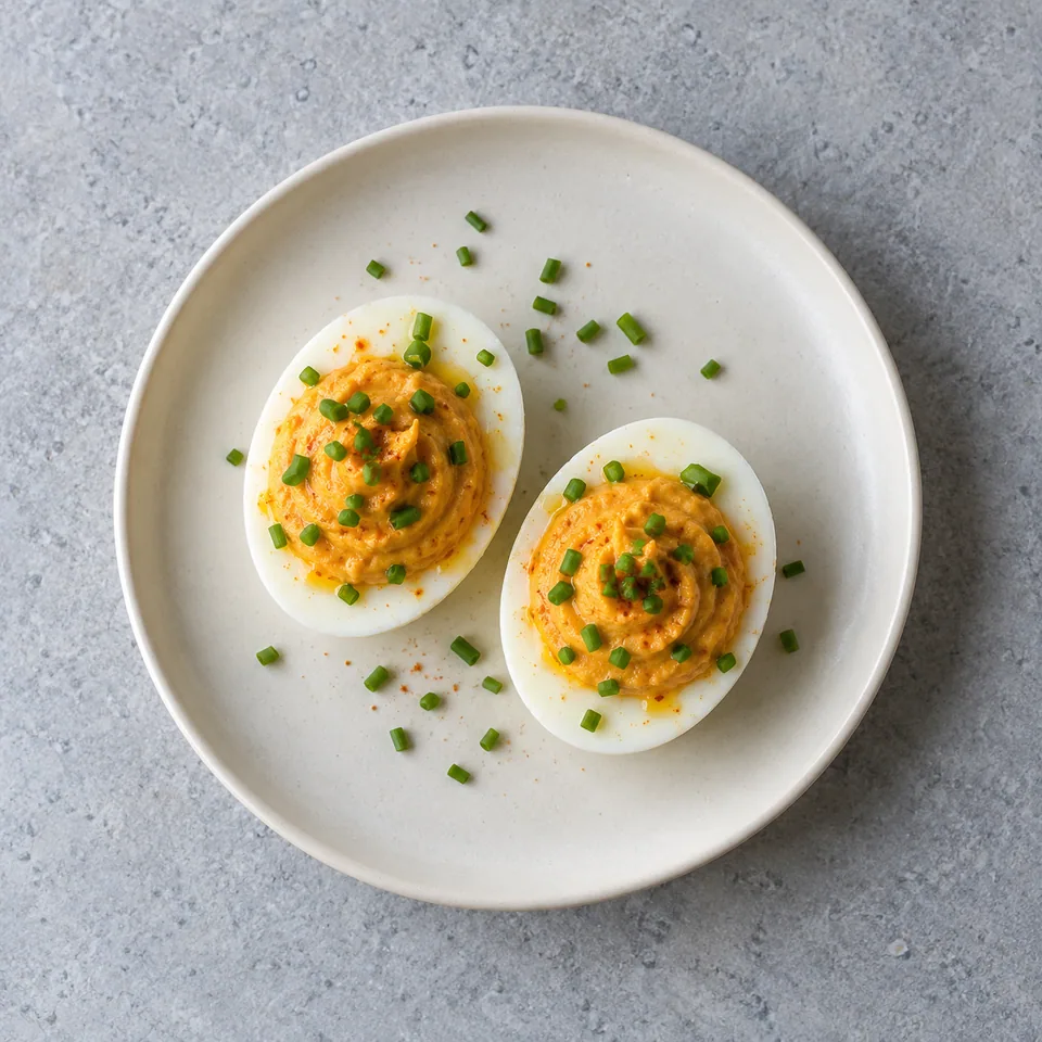 Assiette avec deux œufs mimosa farcis au houmous orange et parsemés de ciboulette verte.