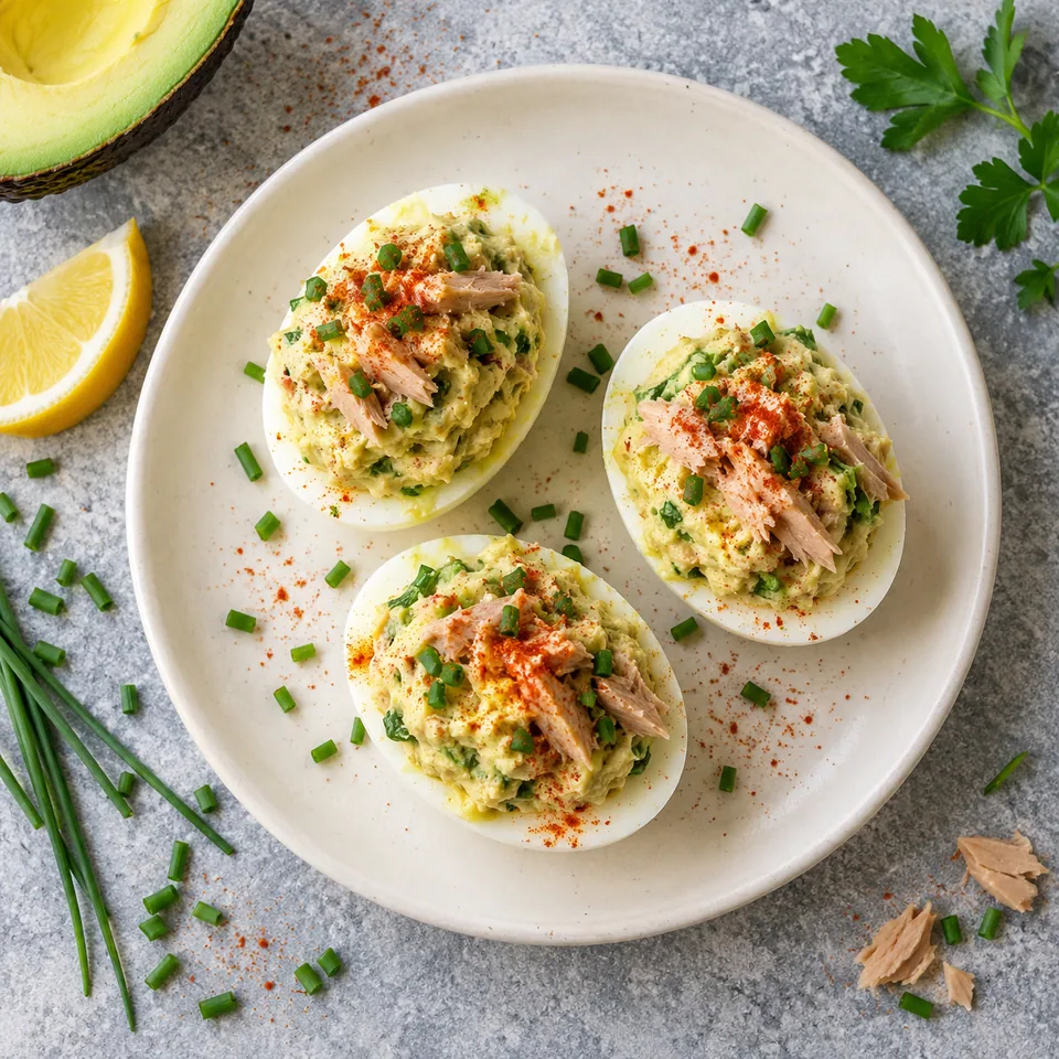 Trois œufs mimosa avocat-thon garnis et parsemés de paprika sur une assiette blanche.