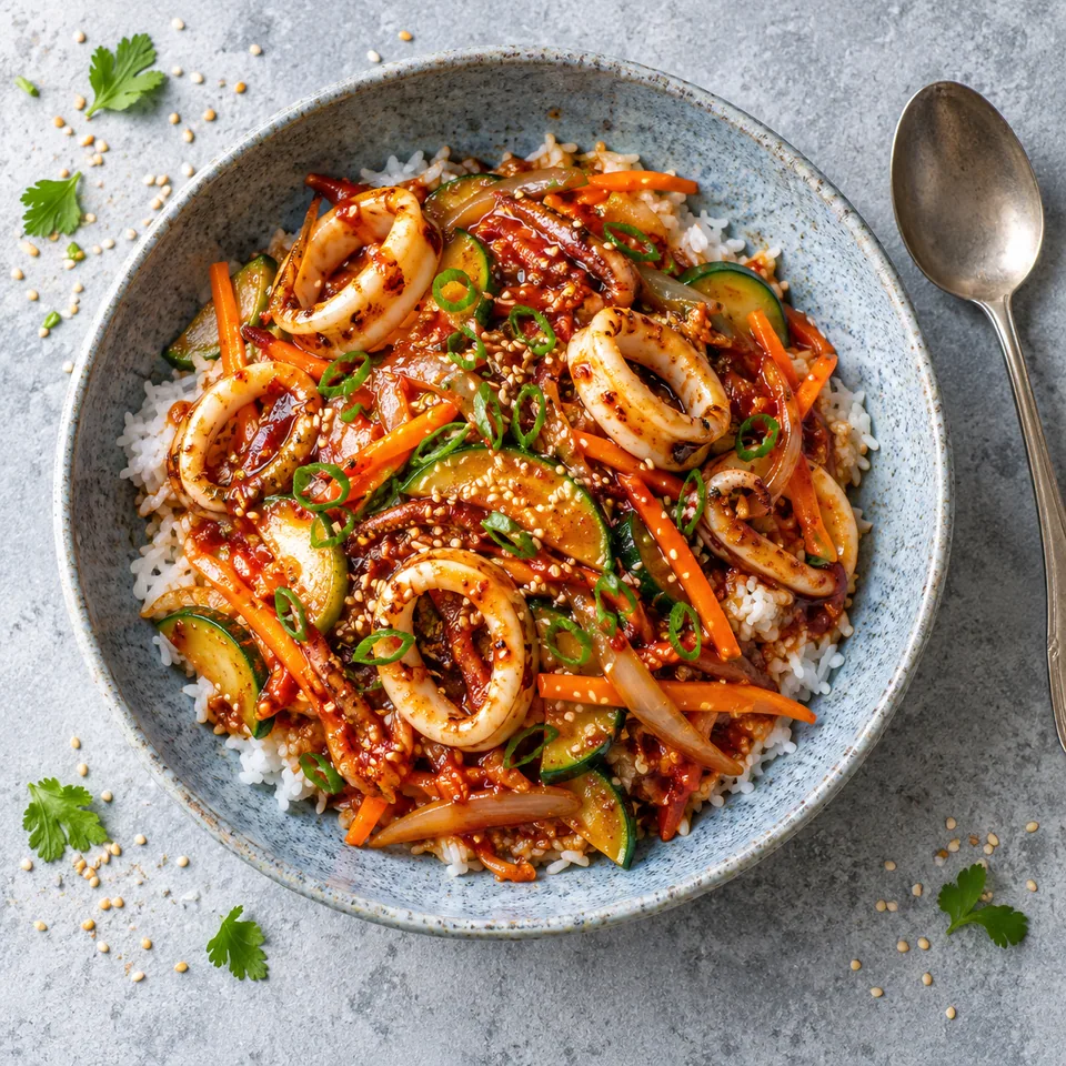 Assiette creuse bleu-gris contenant une portion d'Ojingeo bokkeum : riz, légumes en lamelles et encornets nappés de sauce rouge brillante et parsemés de sésame.