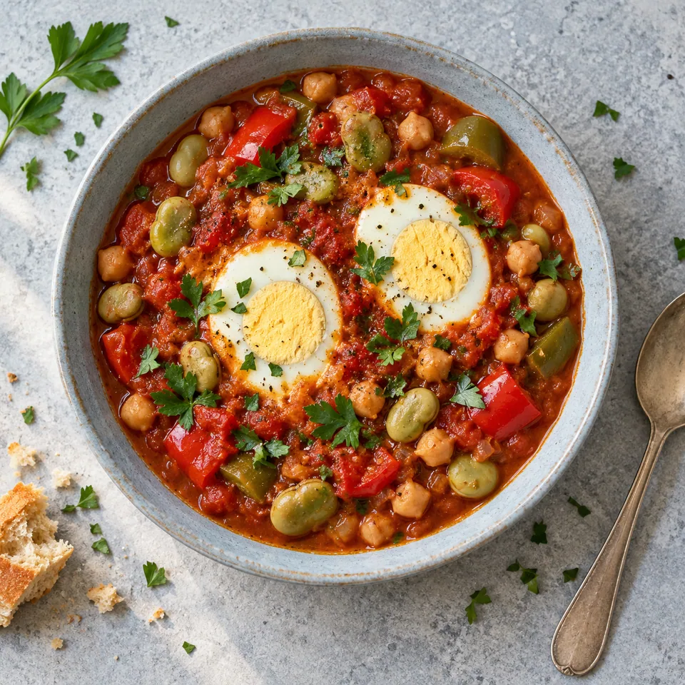 Ojja tunisienne aux fèves et poivrons : œufs bien pris dans une sauce tomate rouge avec pois chiches et persil, dans une assiette creuse bleu-gris.