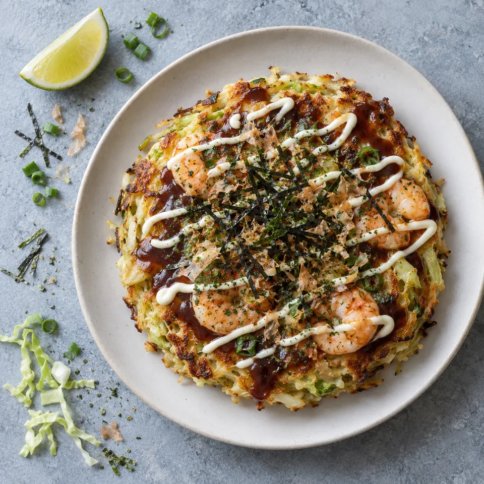 Okonomiyaki au chou et aux crevettes sur assiette blanche, nappé de sauces et de nori.