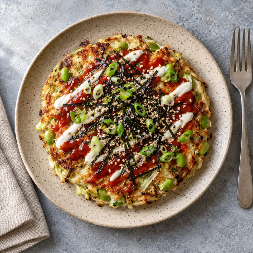 Okonomiyaki végétarien au chou et edamame sur assiette beige, nappé de sauce tomate et soja, garni de nori et sésame.