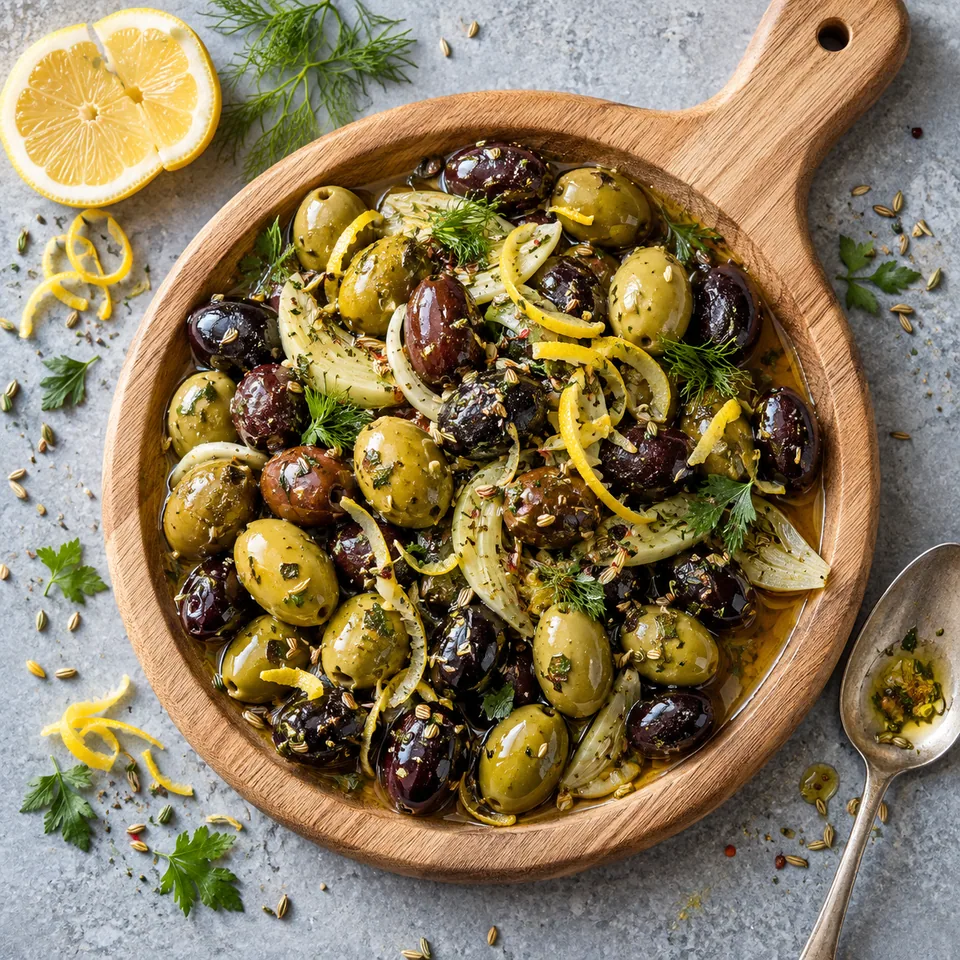 Olives marinées au citron, fenouil et herbes sur une planche en bois clair, brillantes et colorées.