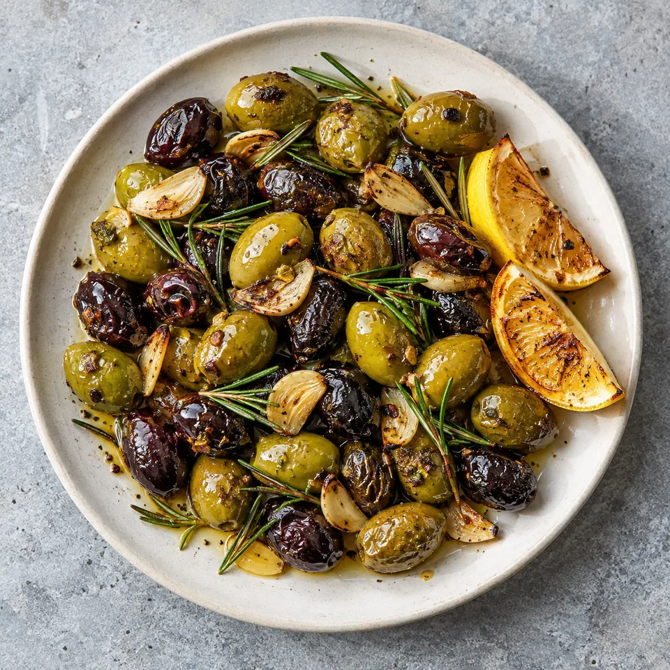 Olives rôties à l’ail, au citron et au romarin servies sur une assiette blanche mate avec quartiers de citron.
