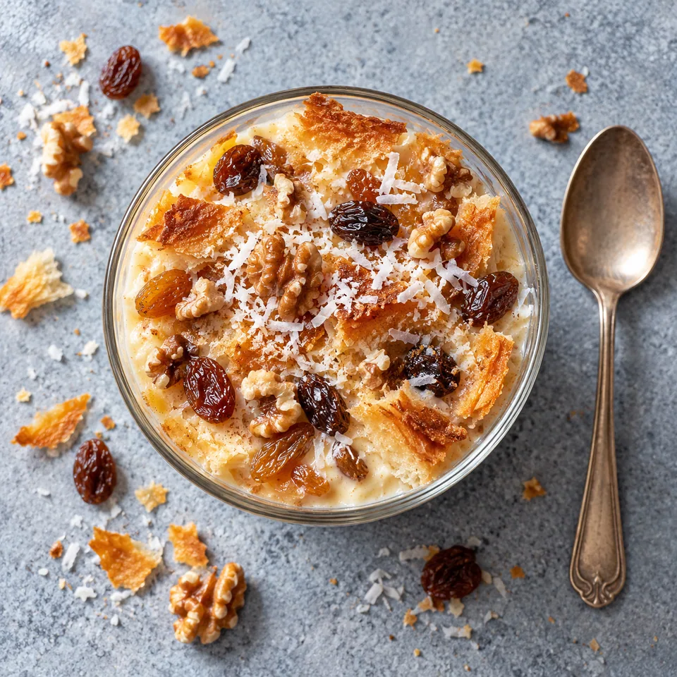 Om ali : pudding feuilleté doré au lait crémeux, garni de raisins secs, noix et noix de coco dans une verrine.