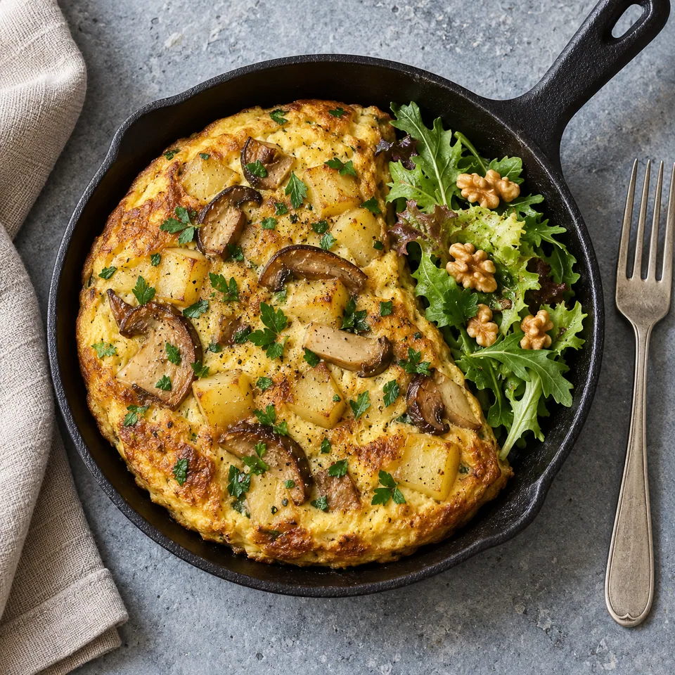 Omelette aux cèpes, pommes de terre et salade dans un petit poêlon en fonte noire, vue de dessus.