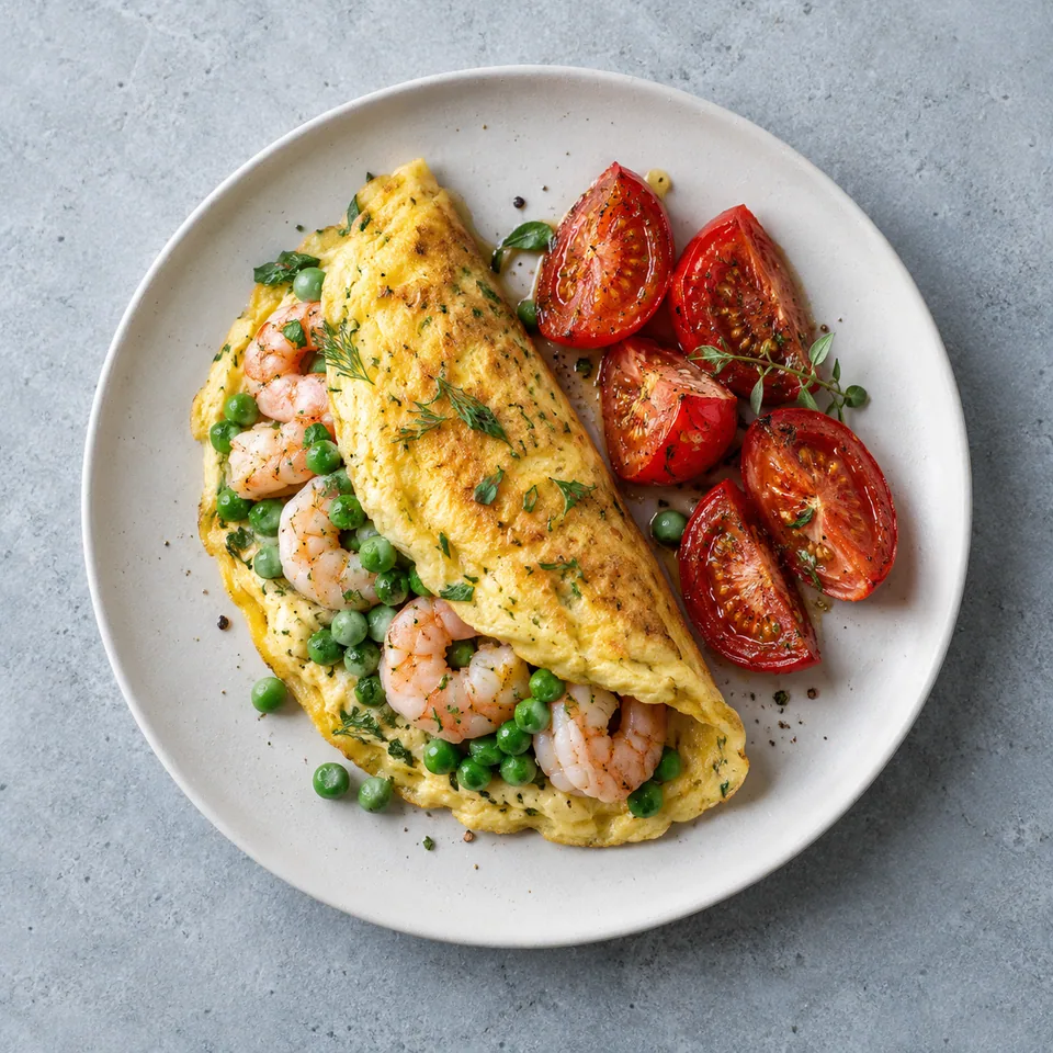 Omelette aux crevettes et petits pois pliée, servie avec des quartiers de tomates rôties et des herbes.