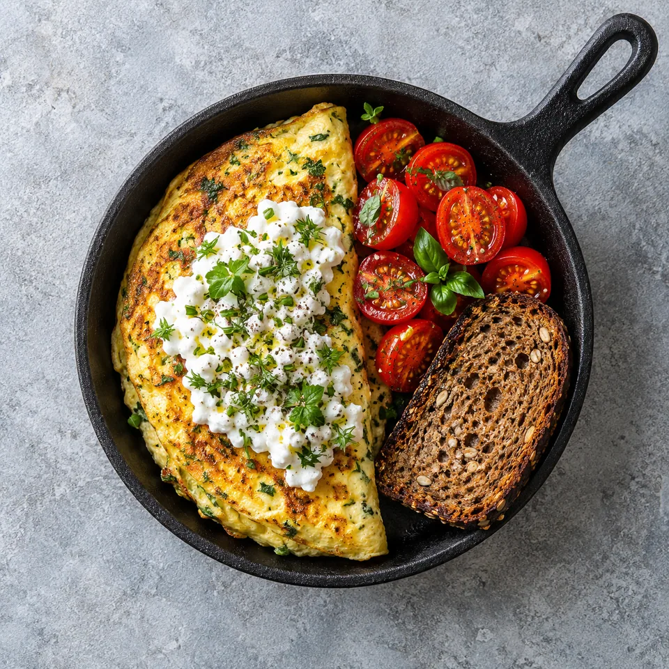 Omelette aux herbes et cottage cheese dans un poêlon noir, avec tomates cerises et pain de seigle grillé.