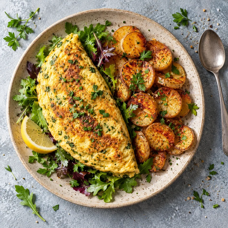 Omelette aux herbes et pommes de terre dorées servie sur salade verte dans une assiette en grès beige.