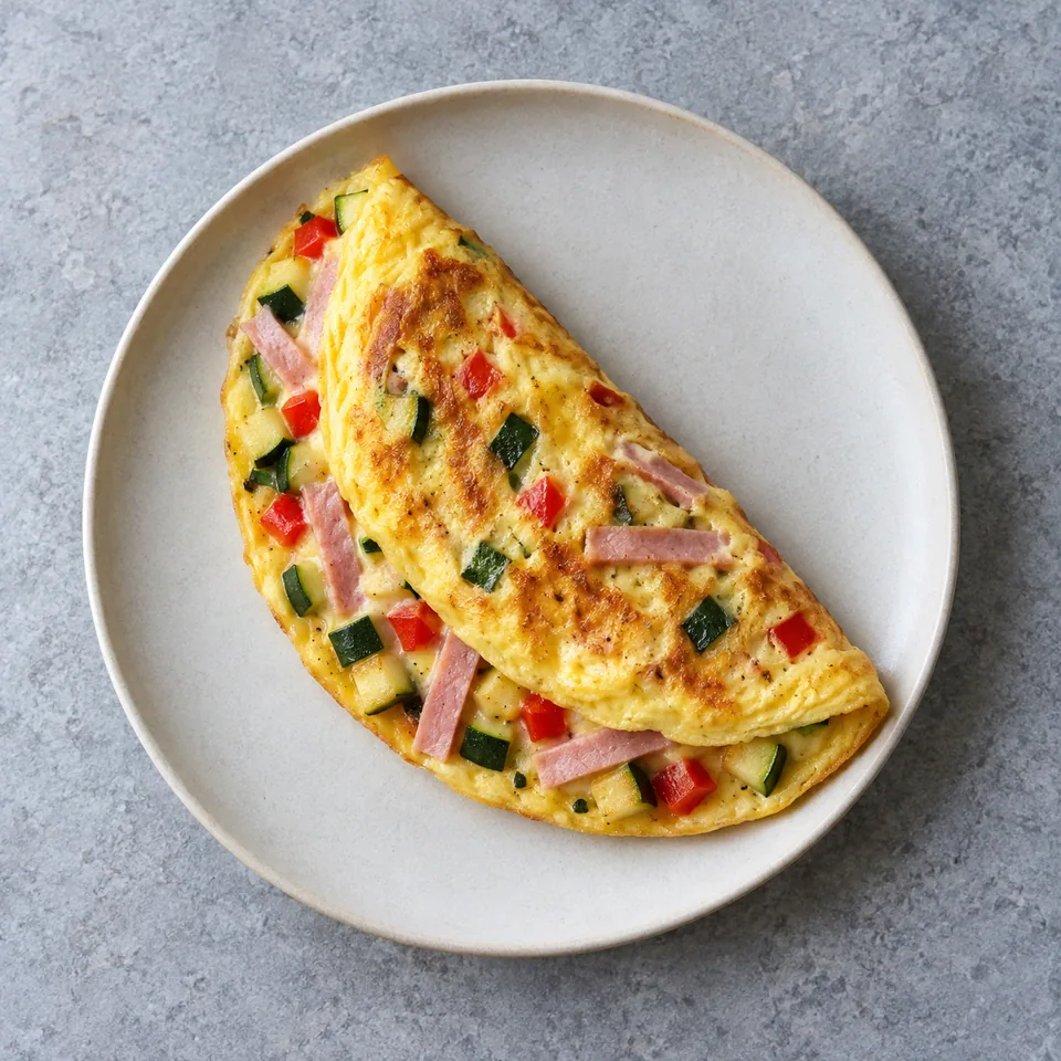 Omelette aux légumes et jambon : une demi-omelette pliée, jaune doré, avec dés de courgette et de poivron, jambon en lanières.