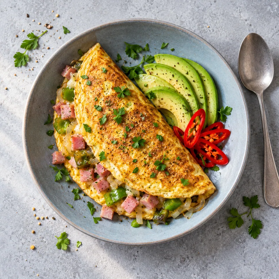 Omelette Denver au jambon et avocat sur assiette bleue, garnie d'avocat et piment.