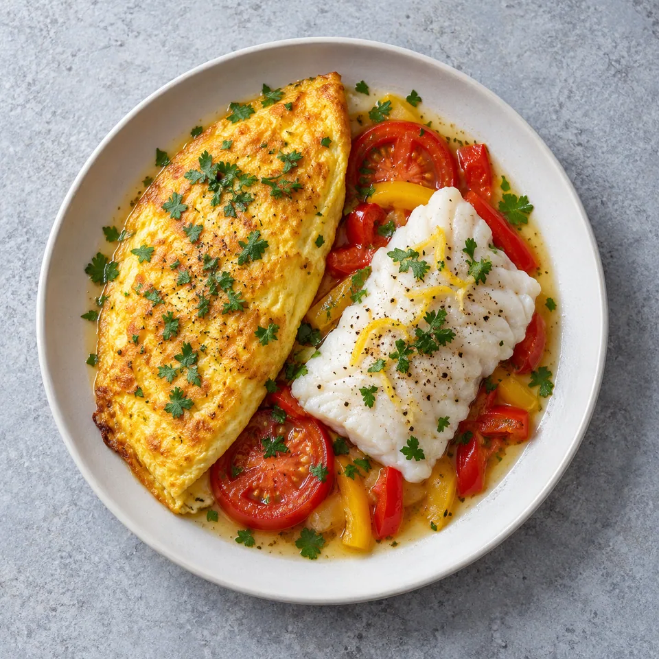 Omelette du soleil au cabillaud : omelette dorée avec persil, filet de poisson blanc et légumes mijotés rouges sur assiette blanche.