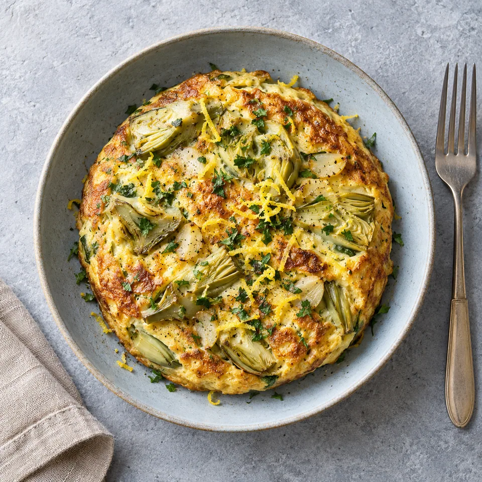 Omelette épaisse aux artichauts et citron sur assiette bleue, garnie de persil et zeste de citron.