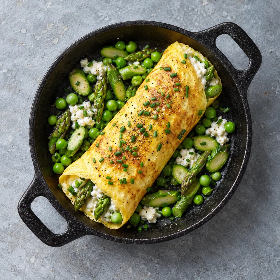 Omelette roulée aux asperges et cottage cheese dans un poêlon noir, garnie de légumes verts.