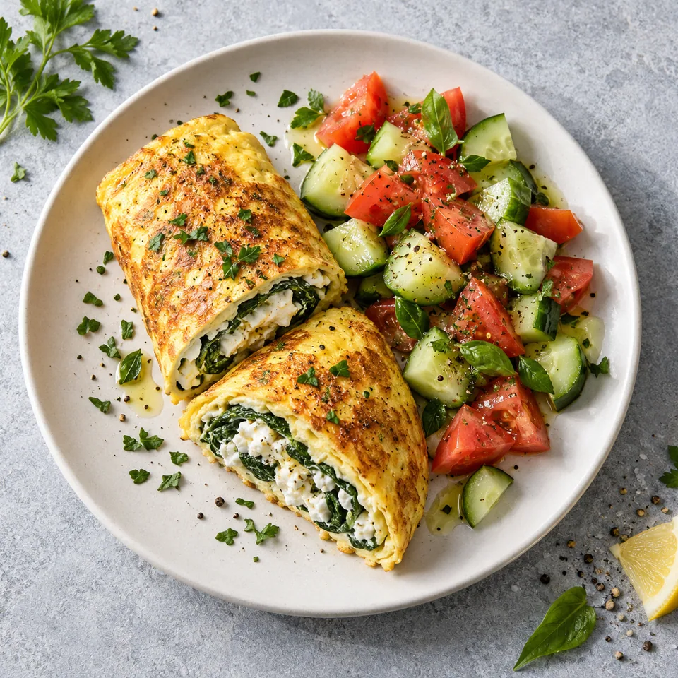 Omelette roulée épinards et cottage cheese servie avec salade de tomates et concombre sur assiette blanche