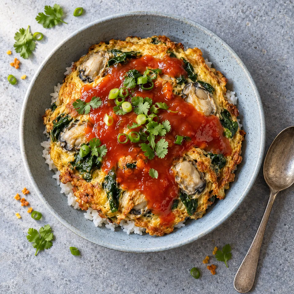 Omelette taïwanaise aux huîtres sur riz, sauce tomate brillante, servie sur assiette creuse bleu-gris.