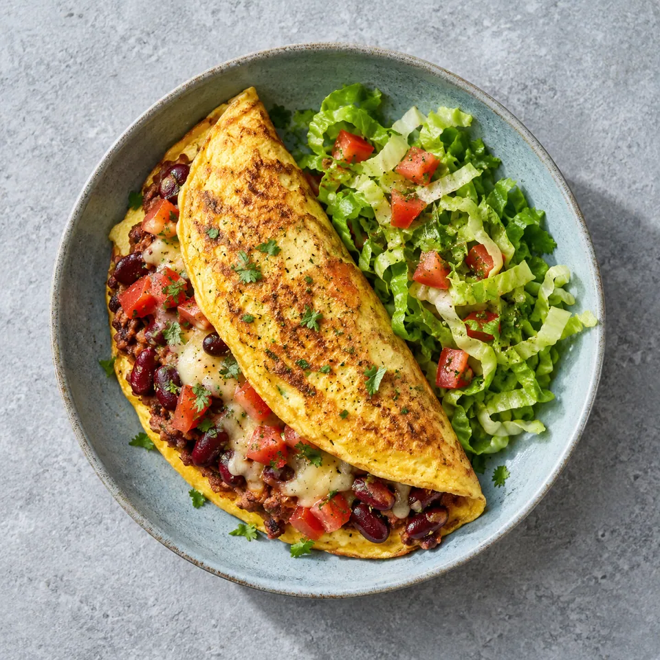 Omelette-wrap aux haricots rouges et salsa sur assiette bleue-gris, garnie de laitue.