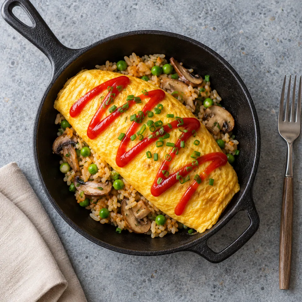 Omurice : omelette roulée sur riz aux légumes dans un poêlon, nappée de ketchup et ciboulette.