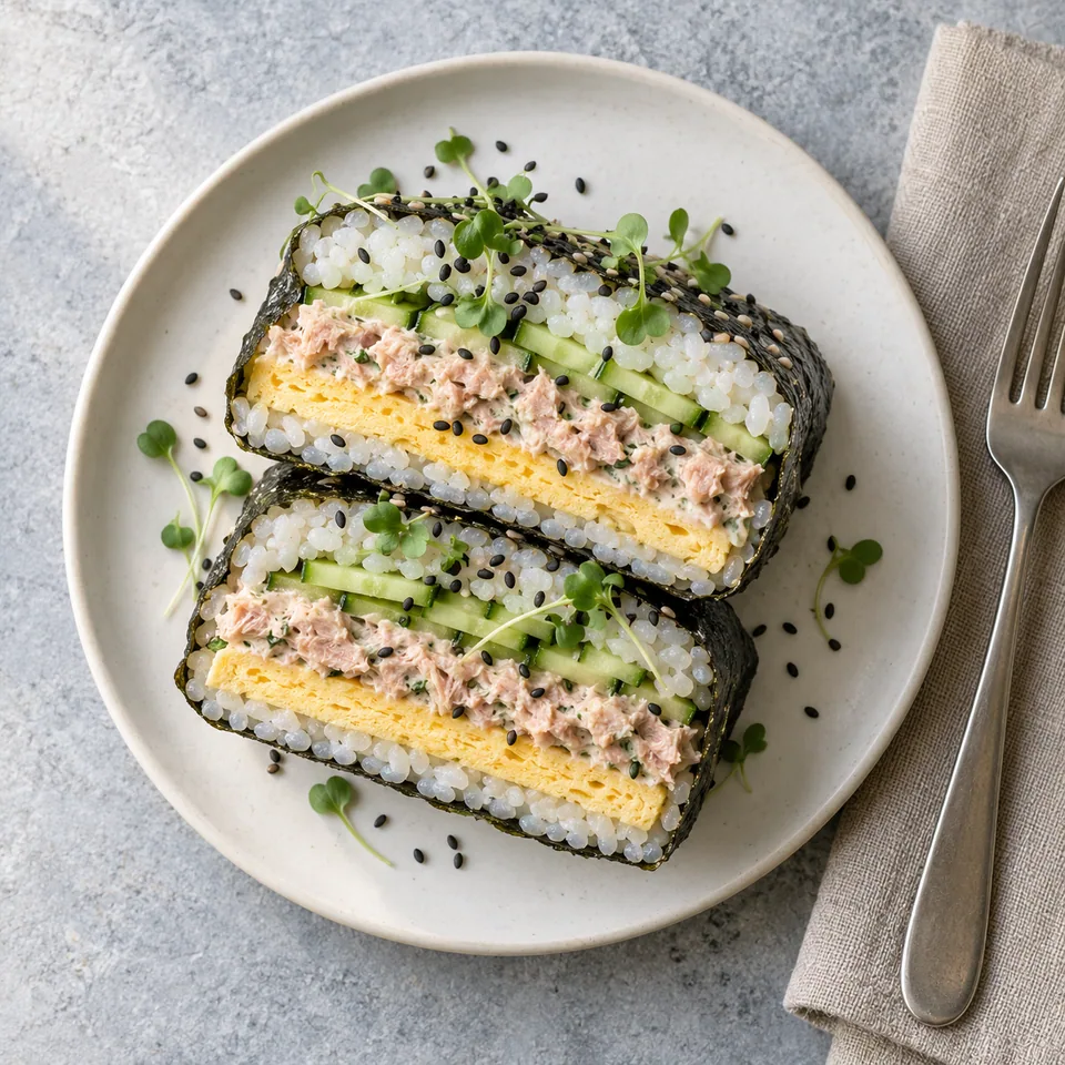 Onigirazu au thon et omelette coupé en deux sur une assiette blanche, montrant les couches de riz, légumes et garniture.