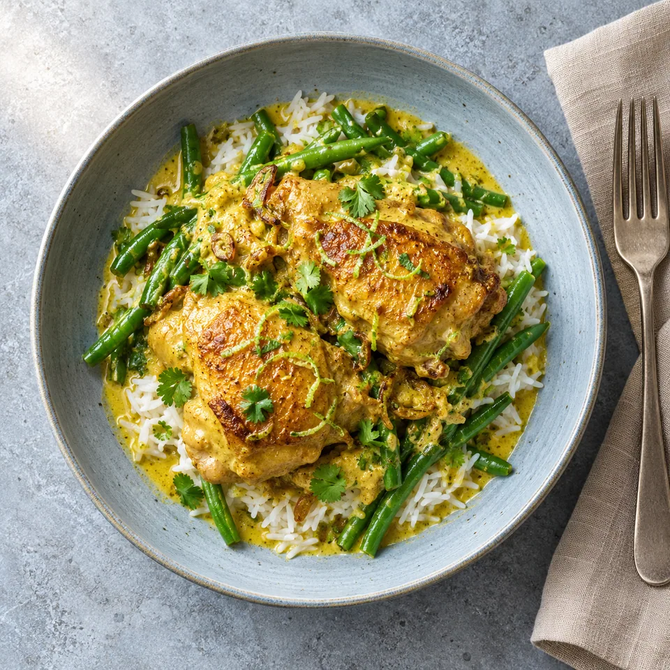 Opor ayam : poulet mijoté sauce coco jaune safran sur riz blanc et haricots verts, dans une assiette creuse bleu-gris.
