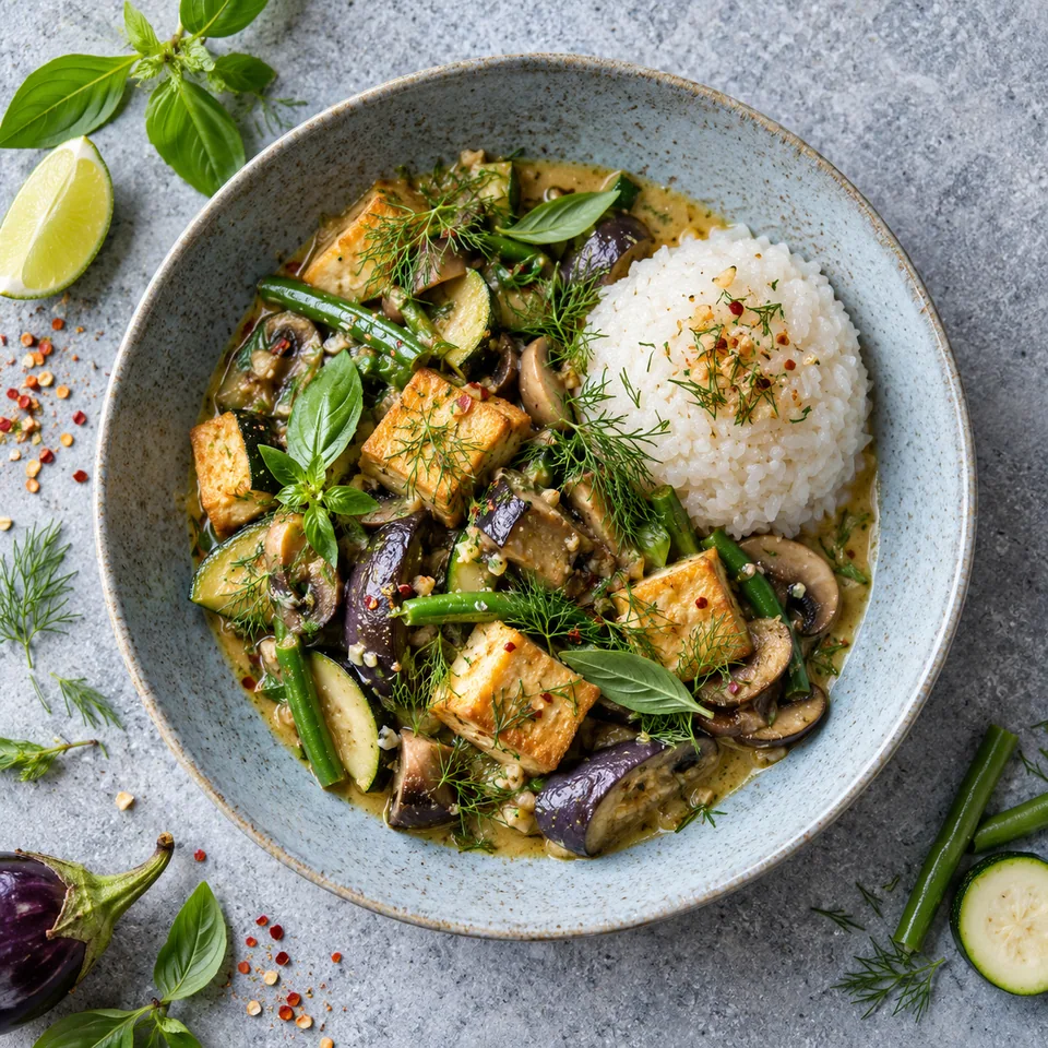 Or lam, ragoût laotien aux légumes et tofu servi avec riz gluant dans une assiette creuse bleu-gris.