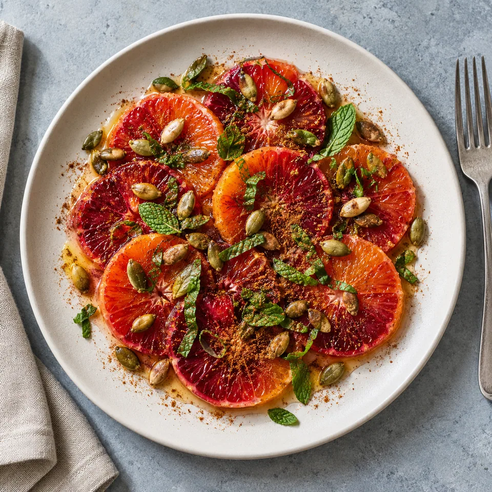 Assiette d'oranges sanguines en tranches, graines de courge grillées et menthe fraîche.