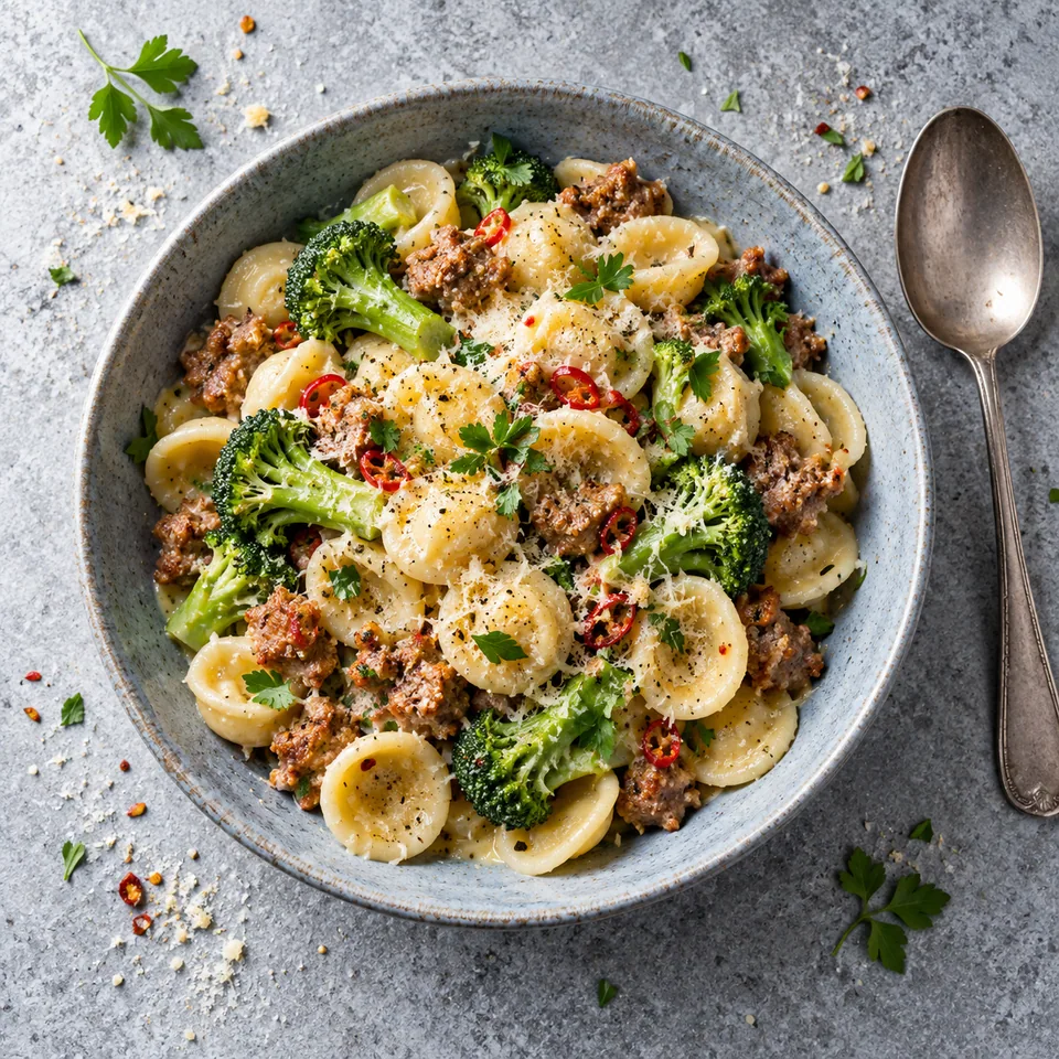 Orecchiette au brocoli, saucisse et piment doux : pâtes en sauce crémeuse avec brocoli et saucisse émiettée dans une assiette creuse.