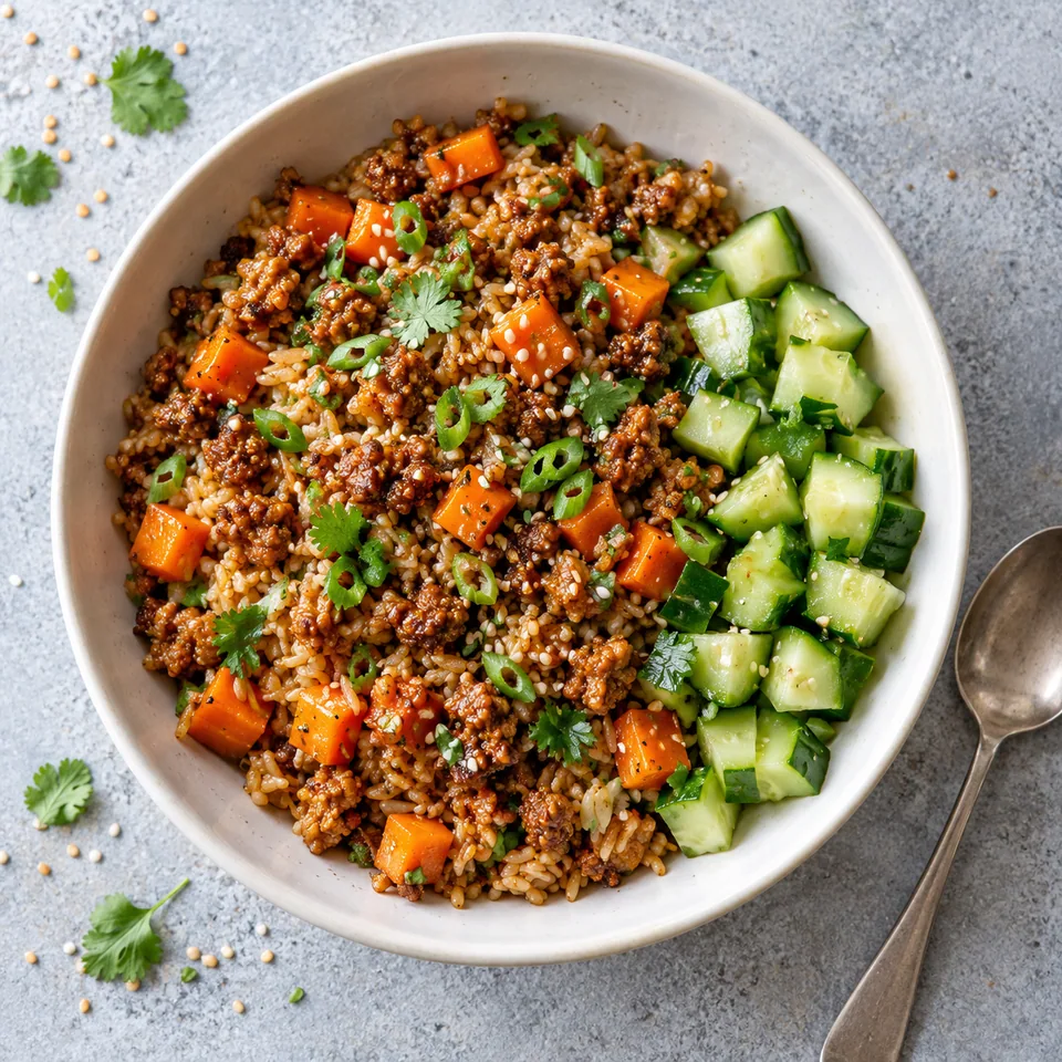 Bol de riz et soja texturé caramélisé aux carottes, accompagné de dés de concombre frais.