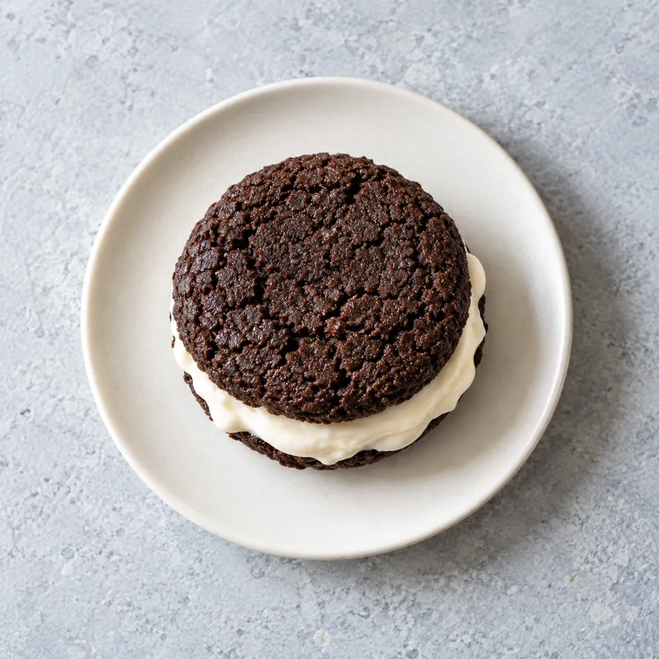 Sandwich cookie Oreo maison : deux disques de biscuit au cacao brun entourent une épaisse couche de crème blanche onctueuse.