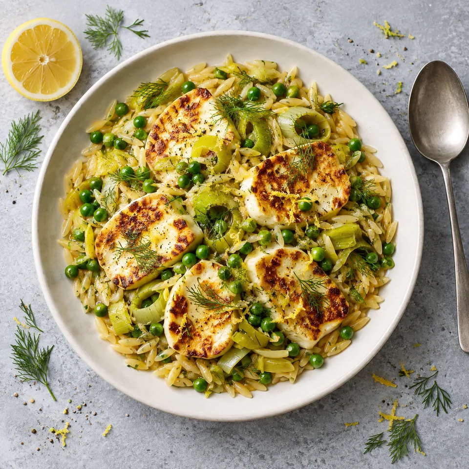 Orzo aux poireaux, citron et mozzarella dorée : pâtes, légumes verts et fromage doré sur assiette blanche.