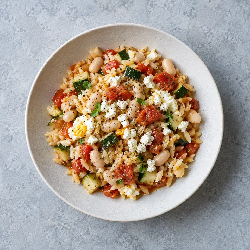 Orzo aux tomates, feta et haricots blancs, avec dés de courgette, fragments de blancs d’œufs cuits et feta émiettée.