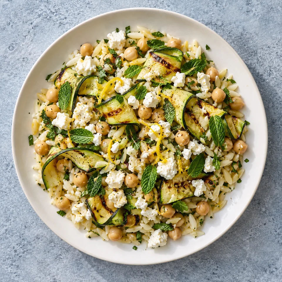 Orzo froid à la feta, courgette grillée et menthe sur assiette blanche