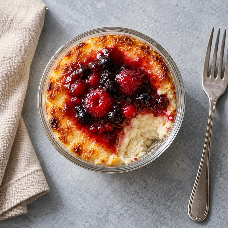 Ostkaka, gâteau suédois au cottage cheese : portion dorée et fondante nappée de confiture de fruits rouges dans une verrine en verre.