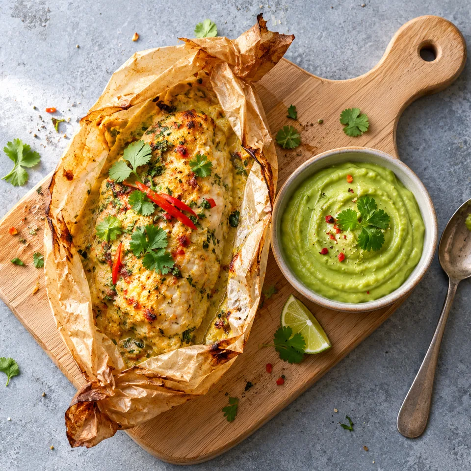 Otak-otak de cabillaud au lait de coco : papillote ouverte sur planche en bois avec crème d'avocat.